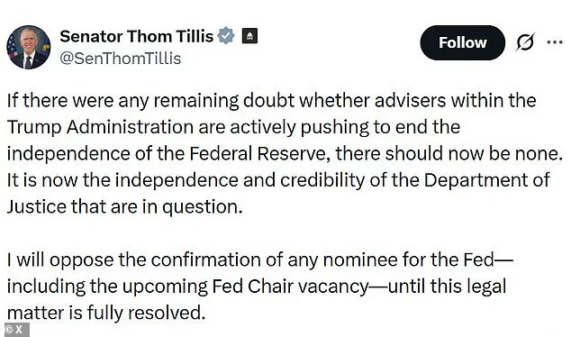 Exclusive: Senator Thom Tillis Warns of Threats to Federal Reserve Independence Amid Criminal Probe into Jerome Powell