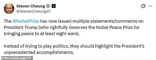 White House Condemns Nobel Foundation After Venezuelan Laureate Presents Medal to Trump, Calling It 'Symbolic Recognition' of His Policies