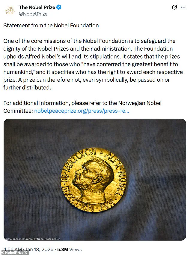 White House Condemns Nobel Foundation After Venezuelan Laureate Presents Medal to Trump, Calling It 'Symbolic Recognition' of His Policies