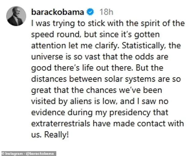 Barack Obama Clarifies Remarks on Extraterrestrial Life: Statistically Likely, But Skeptical About Contact