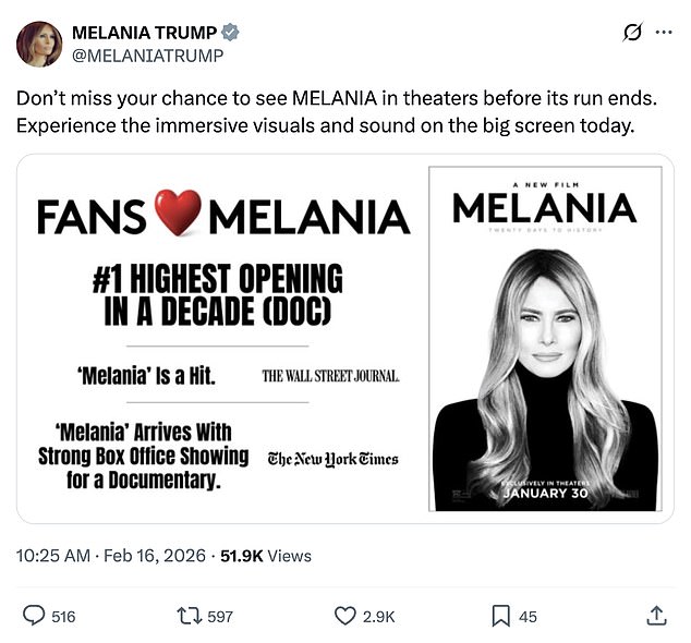 Melania Trump Sparks Controversy with Presidents' Day Documentary Promotion