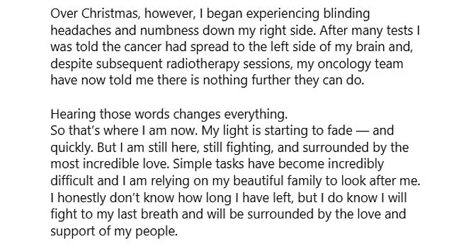 Mel Schilling's Bowel Cancer Spreads to Lungs and Brain, Urging Early Symptom Awareness