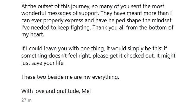 Mel Schilling's Bowel Cancer Spreads to Lungs and Brain, Urging Early Symptom Awareness