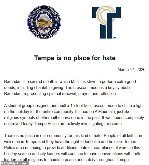Islamic Crescent Moon Symbol Destroyed in Tempe Amid Ramadan Commemoration
