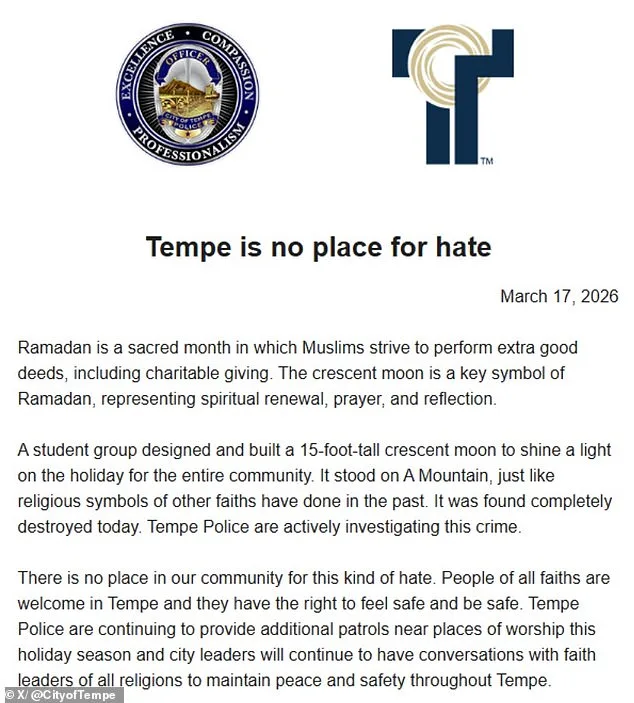 Islamic Crescent Moon Symbol Destroyed in Tempe Amid Ramadan Commemoration