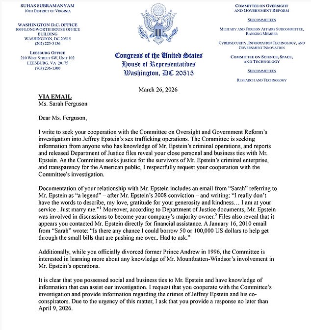 U.S. Congressman Requests Sarah Ferguson Testimony in Epstein Federal Probe