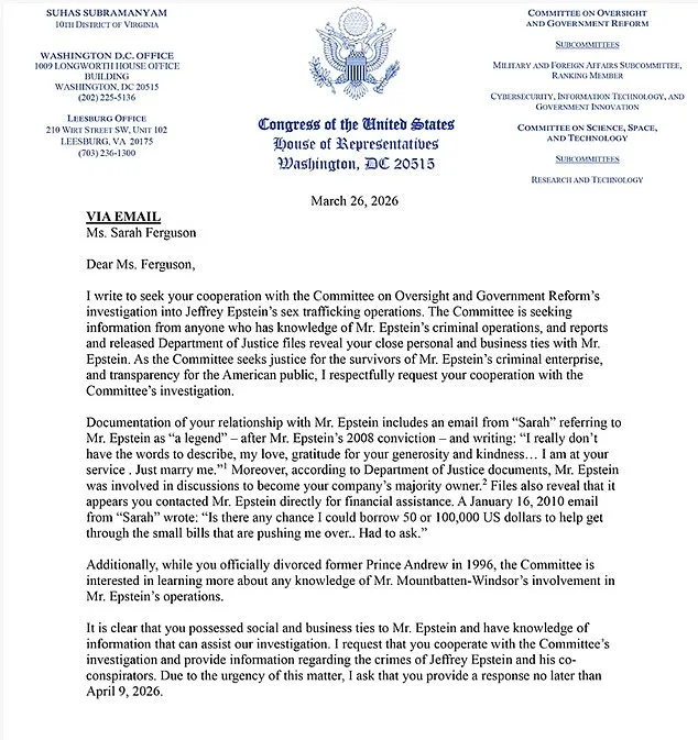 U.S. Congressman Requests Sarah Ferguson Testimony in Epstein Federal Probe