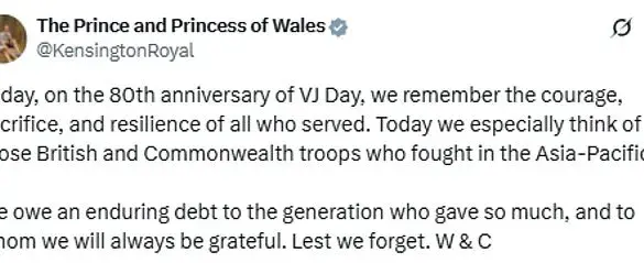 Prince and Princess of Wales Mark 80th Anniversary of VJ Day with Message Honoring Courage, Sacrifice, and Resilience of WWII Servicemen and Women